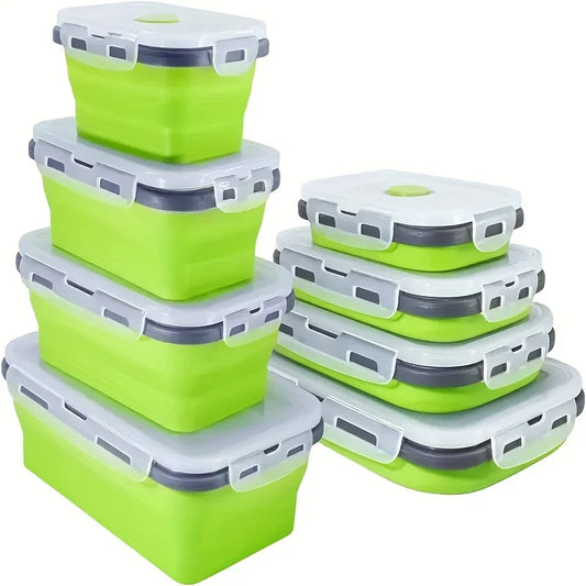 Collapsible silicone food storage containers in bright lime green with gray snap lids, stackable
