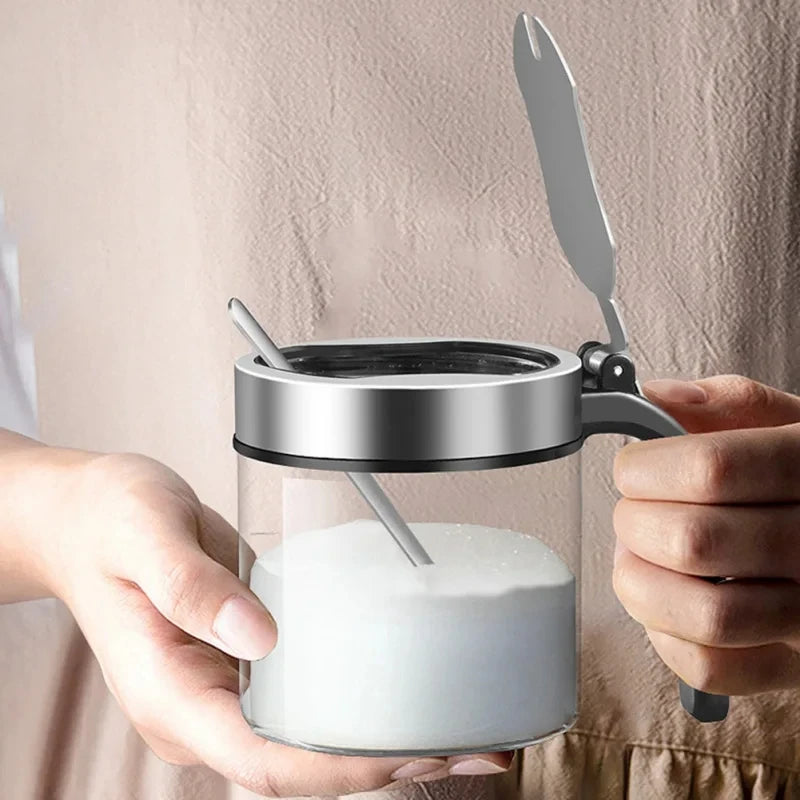 1Pcs Glass Seasoning Jar Stainless Steel Lid With Spoon Condiment Bottle Salt Shaker Kitchen Supplies Storage Set Spice Boxes