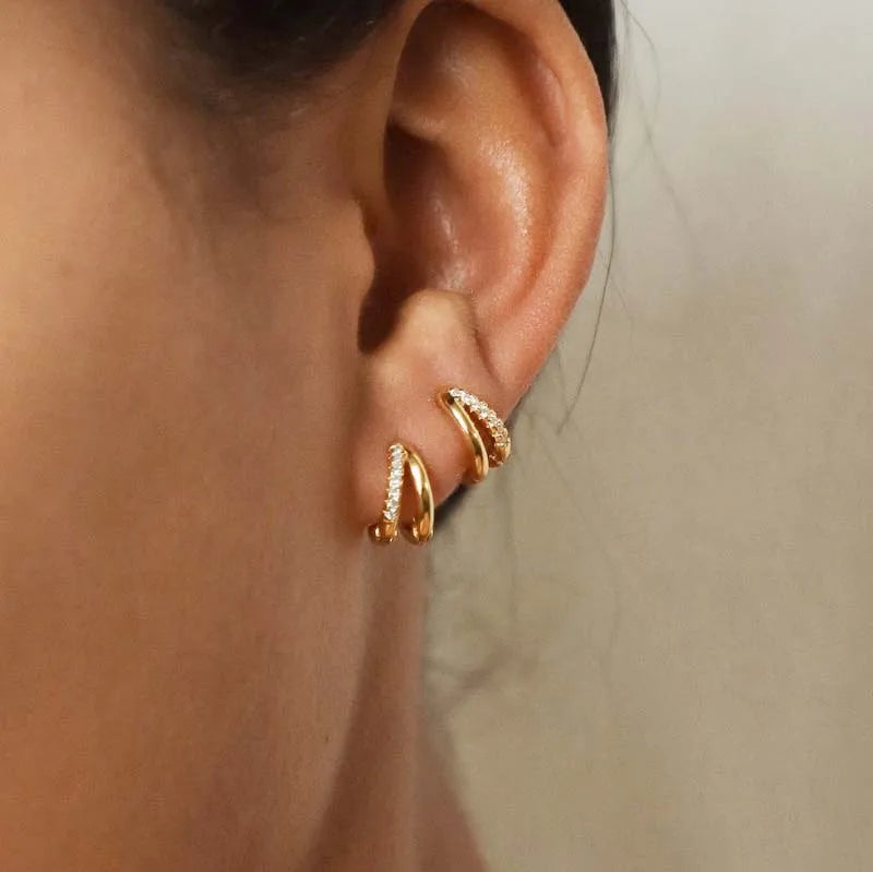 Fashion Gold Color Metal Double Layered Huggie Hoop Earrings for Women Girls Luxury Crystal Geometric Catilage Earrings Jewelry