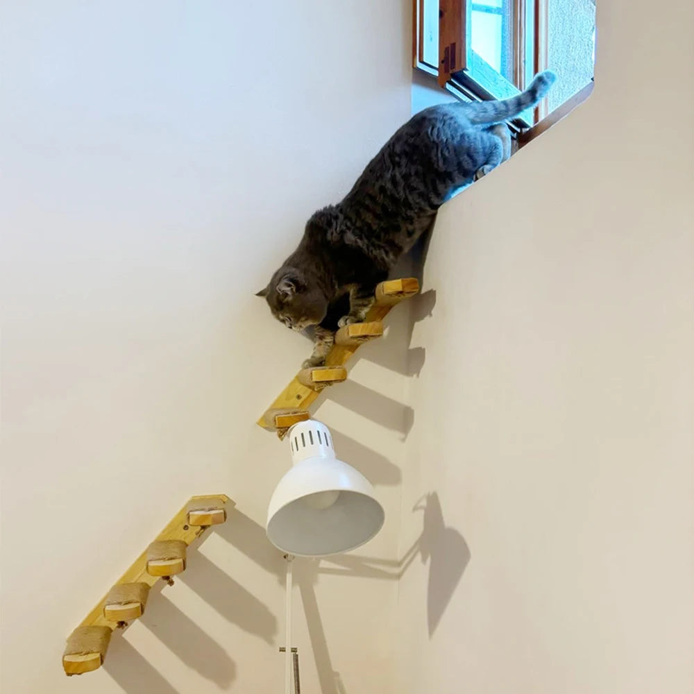 Cat Climbing Stairs Wall Mounted Steps Made of Wood and Sisal Rope Scratching Ladder Pet Furniture for Indoor Cats Playing Sleep
