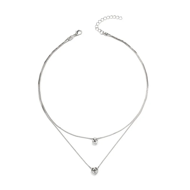 Simple Double Layer Chain Rhinestone Heart Choker Necklaces for Women Jewelry Gift