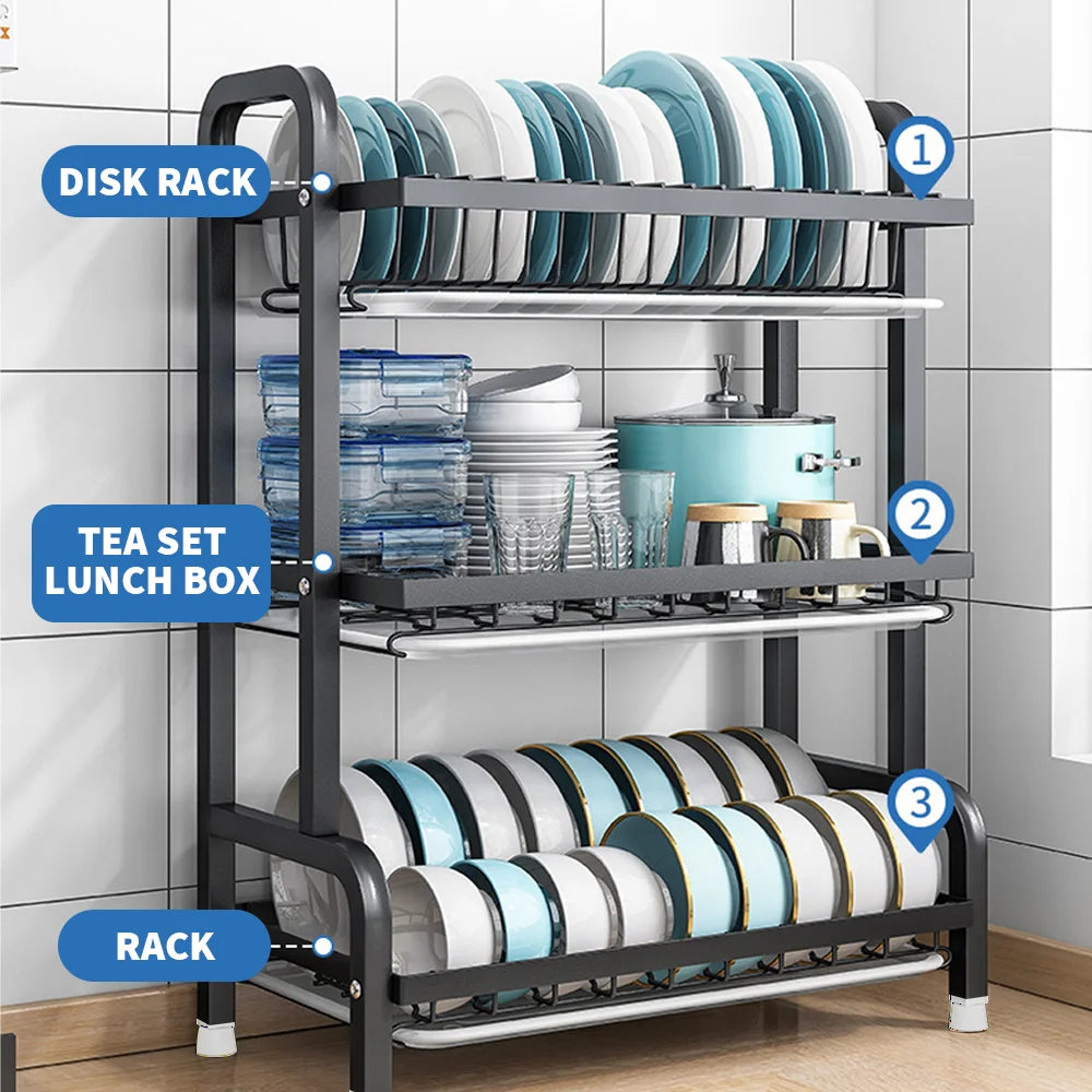 3 Tier Dish Organizer Dish Drying Rack Compact Kitchen Dish Rack Drainboard Set Large Rust-Proof Dish Drainer Kitchen Dish Drain