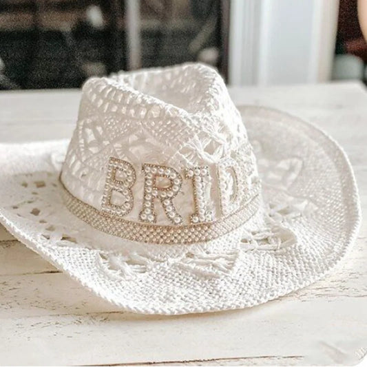 White lace crochet cowboy hat with pearl BRIDE lettering band