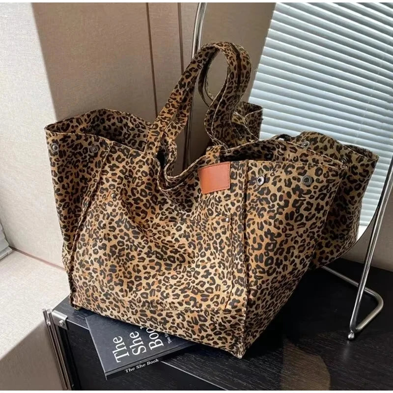 Vintage Leopard Print Women's Handbag Fashion Large Capacity Leopard Print Canvas Bag Underarm Bag Large Shopping Bag Women' Bag