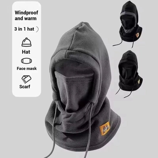 Gray 3-in-1 windproof balaclava hat with face mask and neck warmer, drawstring ends