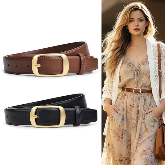 Set of women's leather belts in light brown and black, both with gold buckle and pin