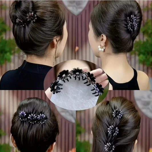 Back-of-head mini rhinestone half-tied hair clips, black floral 4-piece set