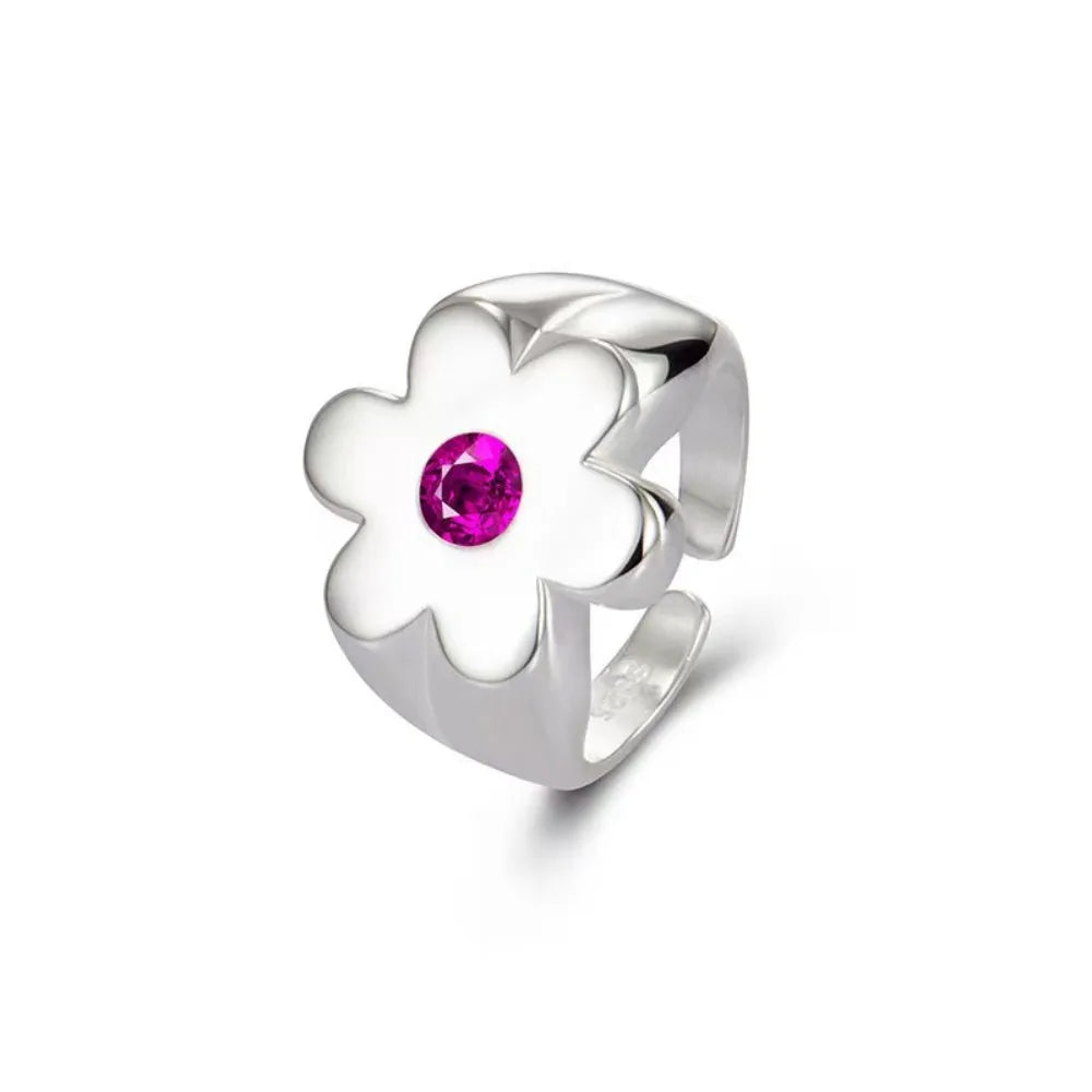 Personality Sweet Flower Smooth Surface Opening Ring Trend Wide-edged Index Finger Ring for Women Korea Fashion Jewelry Gifts