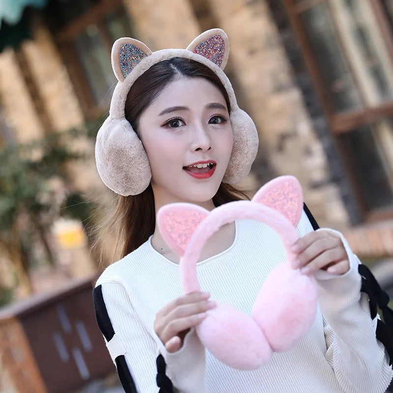 Playful Girls Ear Muffs Cold Protection Warm Hot Lovely Winter Warm Cat Ear Warmers Glitter Ears Plush Earmuffs for Women EZr02