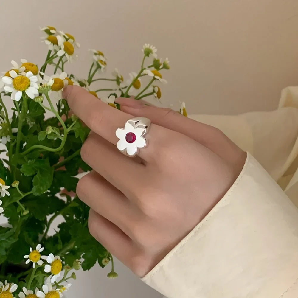 Personality Sweet Flower Smooth Surface Opening Ring Trend Wide-edged Index Finger Ring for Women Korea Fashion Jewelry Gifts