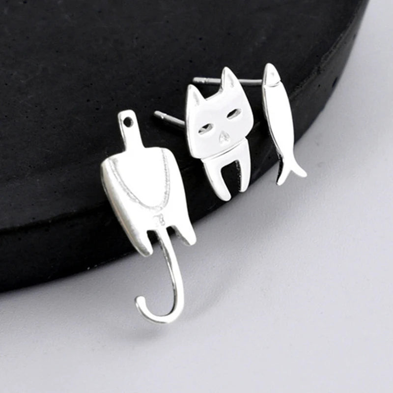 925 Sterling Silver Ear Stud Cat Fish Earring Gift for Women Hypoallergenic Eardrop Fine Jewelry Studs Prevent Allergy Dangler