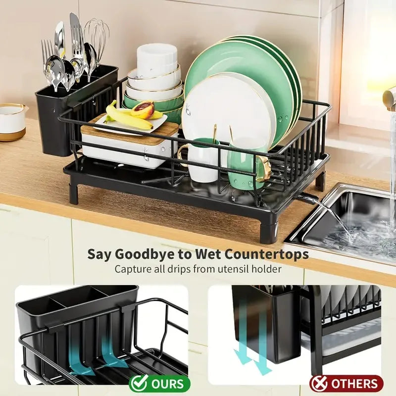 Rustproof Dish Drying Rack Kitchen Countertop Dish Rack Dish Drainer Organizer with Utensil Holder＆ Drain Board for Kitchen Sink