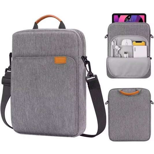 Waterproof laptop tablet shoulder bag, gray fabric with front flap and crossbody strap
