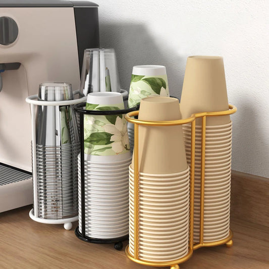 Multifunctional cup storage rack with stacked cups in white, beige, and green leaf prints