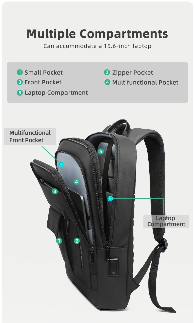 Heroic Knight Slim Backpack for Men Multifunction Work Backpack for 15.6' Laptop Bag Waterproof Business Bag College Bag Male
