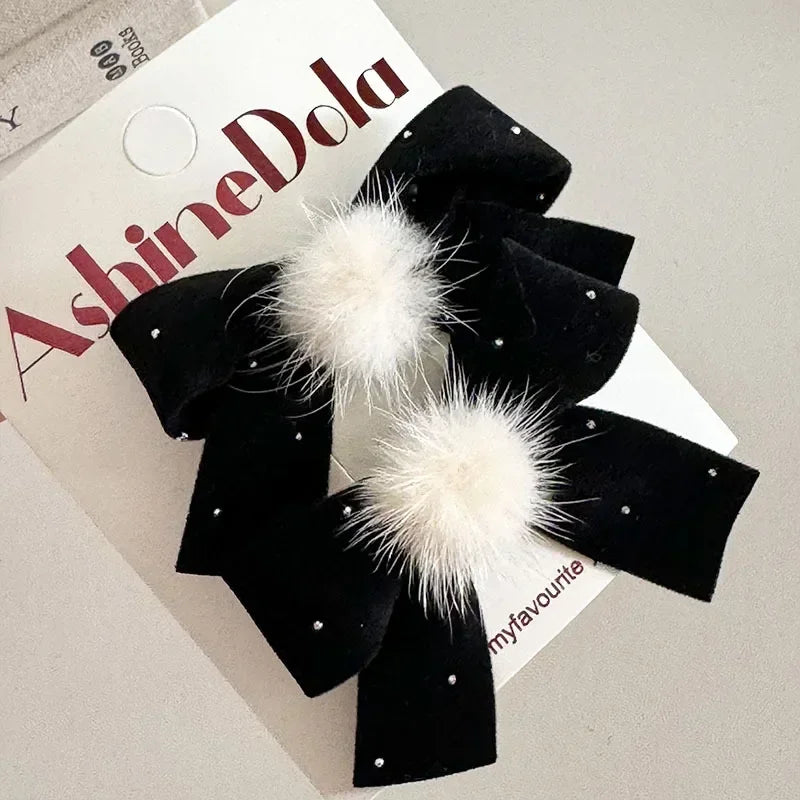 1/2Pc Red Velvet Bow Hair Pins Alloy Heart Hair Clips for Kids Girls Pompom Barrettes Ponytail Holder Headwear Accessories