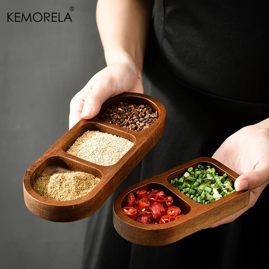 Wooden rectangular condiment tray with three square compartments for spices and sauces