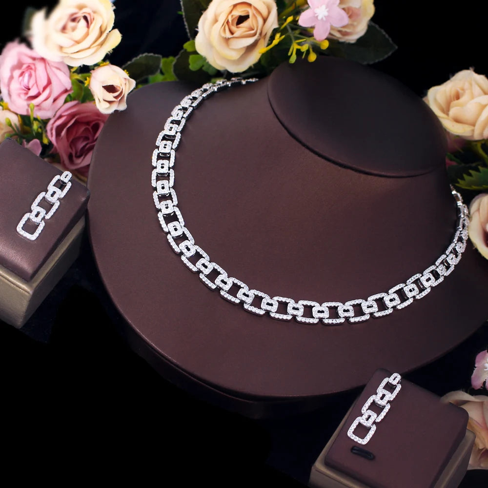 CWWZircons Fashion Micro Pave Cubic Zirconia Cuban Chain Link Engagement Wedding Necklace Earrings Jewelry Sets for Women T0944