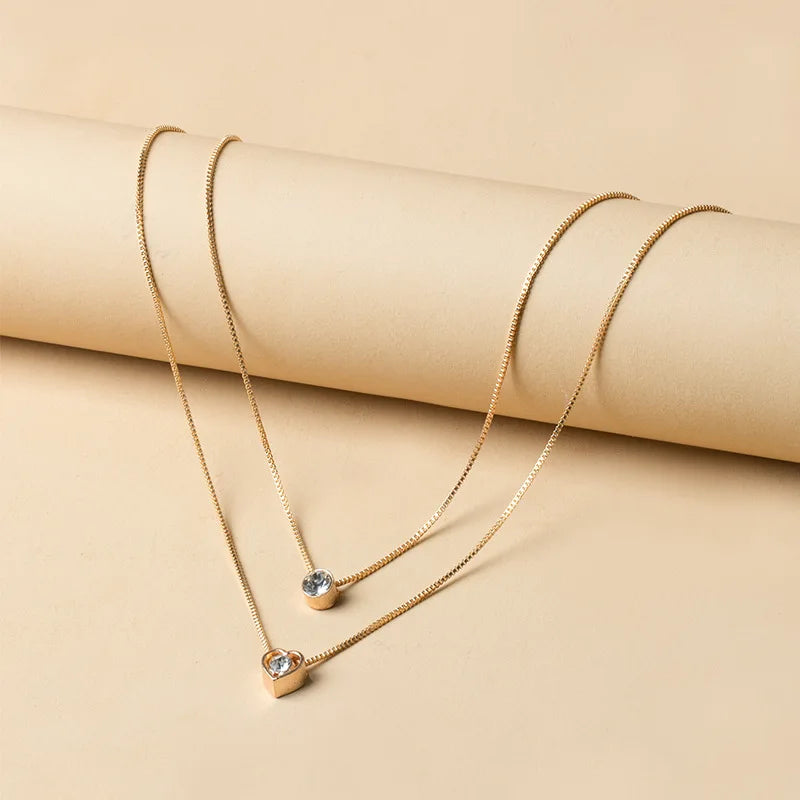 Simple Double Layer Chain Rhinestone Heart Choker Necklaces for Women Jewelry Gift