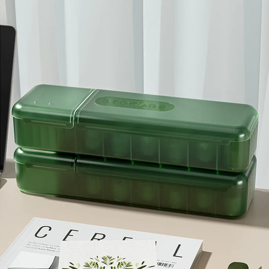 Green covered data cable storage box with double-lid design, closed