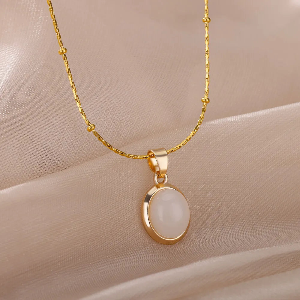 Oval Opal Pendant Necklace For Women Gold Plated Stainless Steel Bead Chains Necklaces 2022 Trend Wedding Jewelry collares mujer