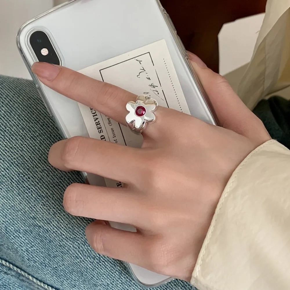 Personality Sweet Flower Smooth Surface Opening Ring Trend Wide-edged Index Finger Ring for Women Korea Fashion Jewelry Gifts