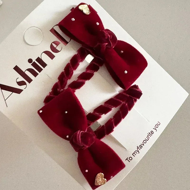 1/2Pc Red Velvet Bow Hair Pins Alloy Heart Hair Clips for Kids Girls Pompom Barrettes Ponytail Holder Headwear Accessories