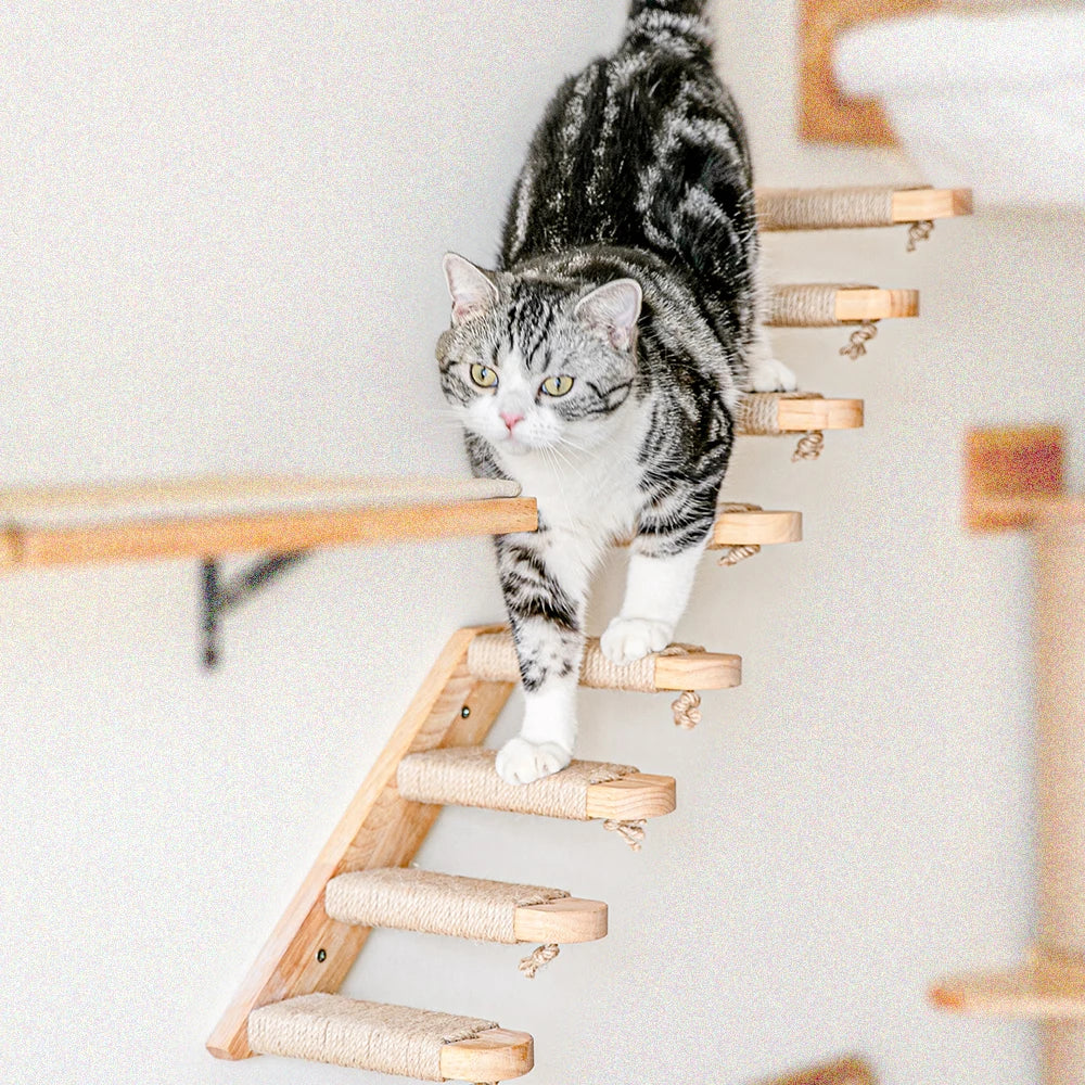 Cat Climbing Stairs Wall Mounted Steps Made of Wood and Sisal Rope Scratching Ladder Pet Furniture for Indoor Cats Playing Sleep