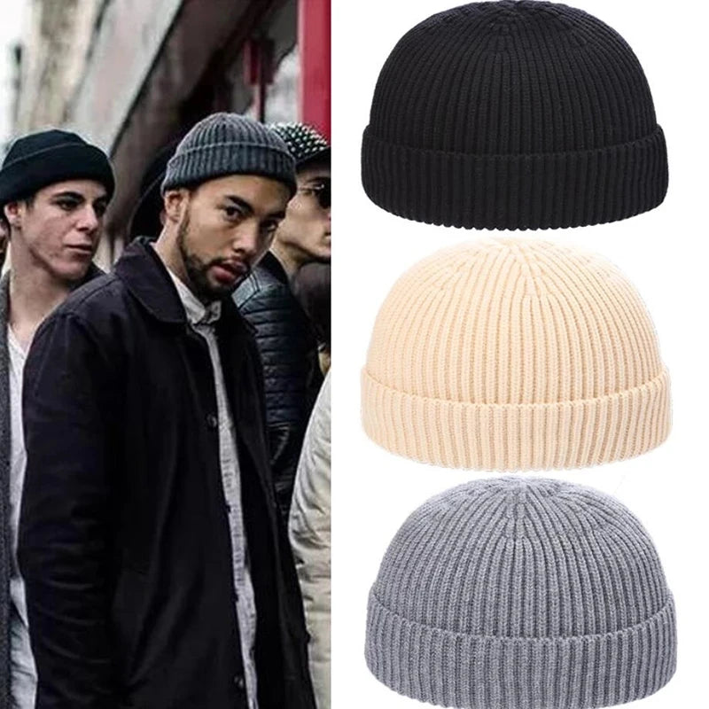 Beanie Knit Hats Fashion Men Boy Skullcap Sailor Caps Cuffs Retro Navy Short Hat Solid Color Unisex Winter Warm Cap Roll-up Edge
