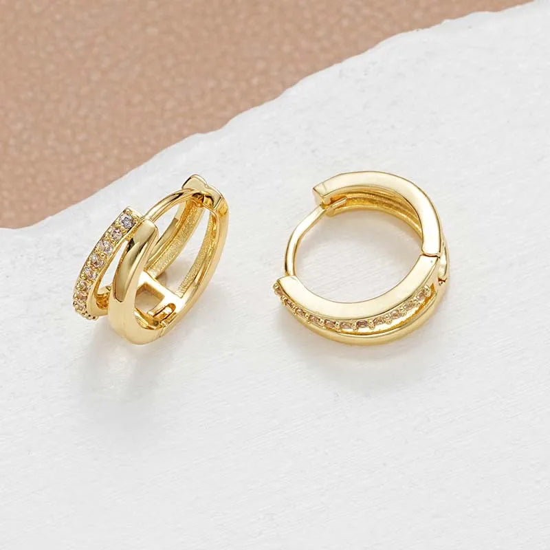 Fashion Gold Color Metal Double Layered Huggie Hoop Earrings for Women Girls Luxury Crystal Geometric Catilage Earrings Jewelry