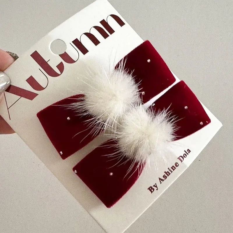 1/2Pc Red Velvet Bow Hair Pins Alloy Heart Hair Clips for Kids Girls Pompom Barrettes Ponytail Holder Headwear Accessories