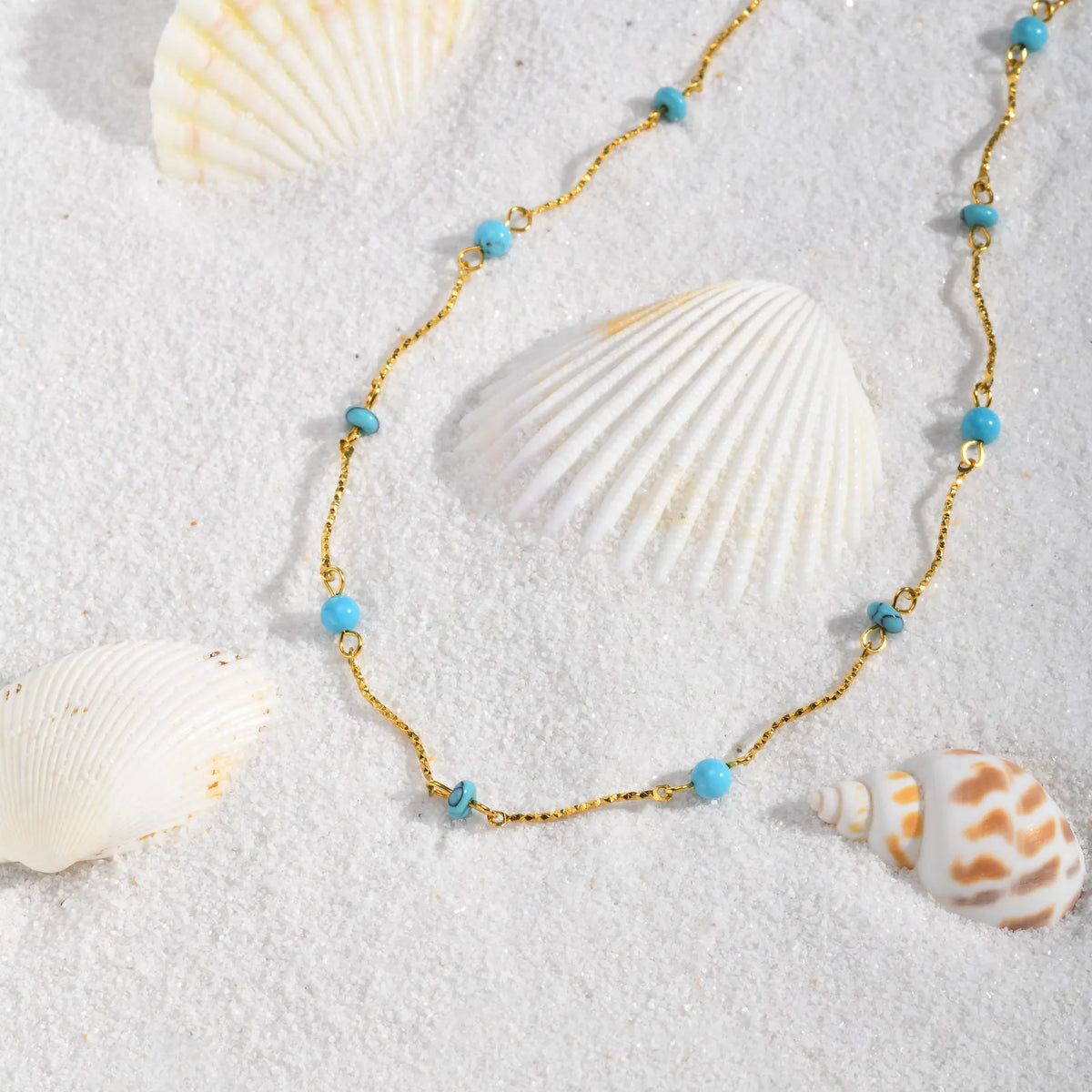 Waterproof Turquoise Necklace Gold Plated Stainless Steel Non-tarnish Wavy Link Chain Bead Choker Necklace Summer Boho Jewelry