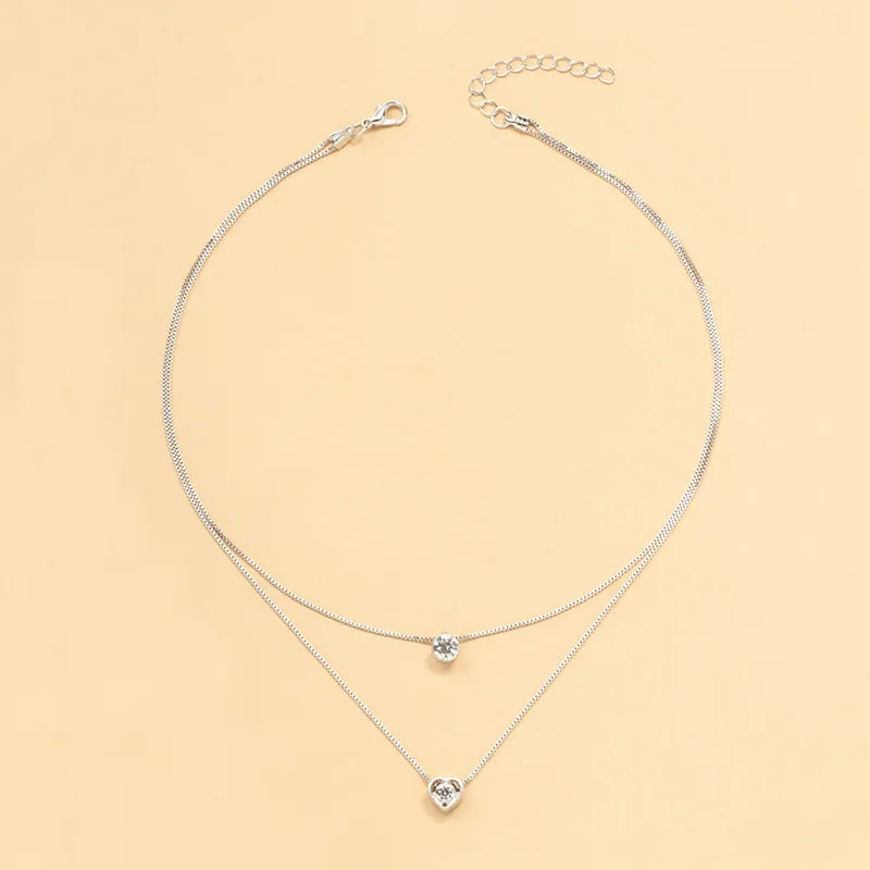Simple Double Layer Chain Rhinestone Heart Choker Necklaces for Women Jewelry Gift