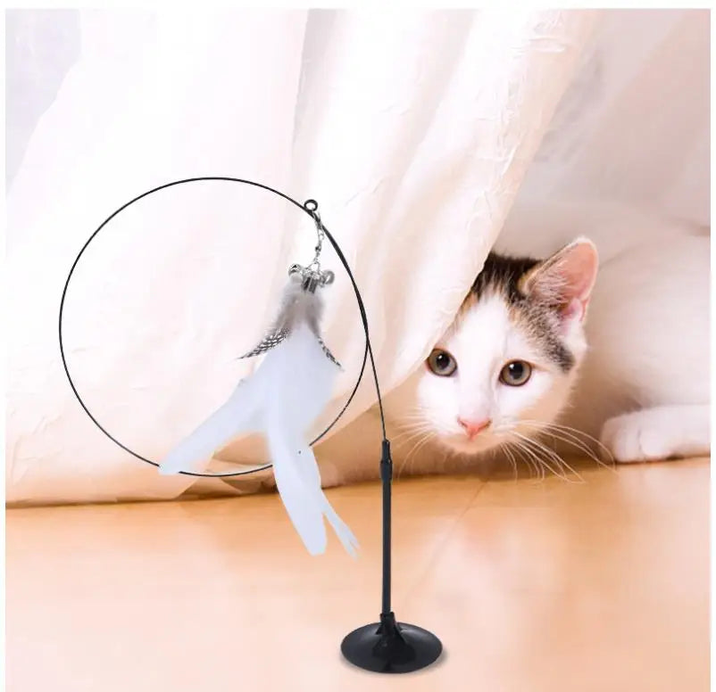 Cat Toys Interactive Cat Toy Steel Wire Feather Toys for Cats Stick Suction Cup Feather Cats Toy with Bell Teaser Pet Products