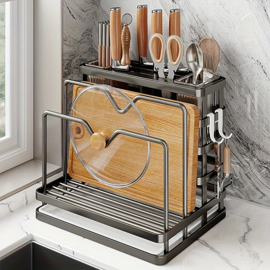 Stainless steel kitchen organizer rack with lid holder, cutting board holder, and utensil slots