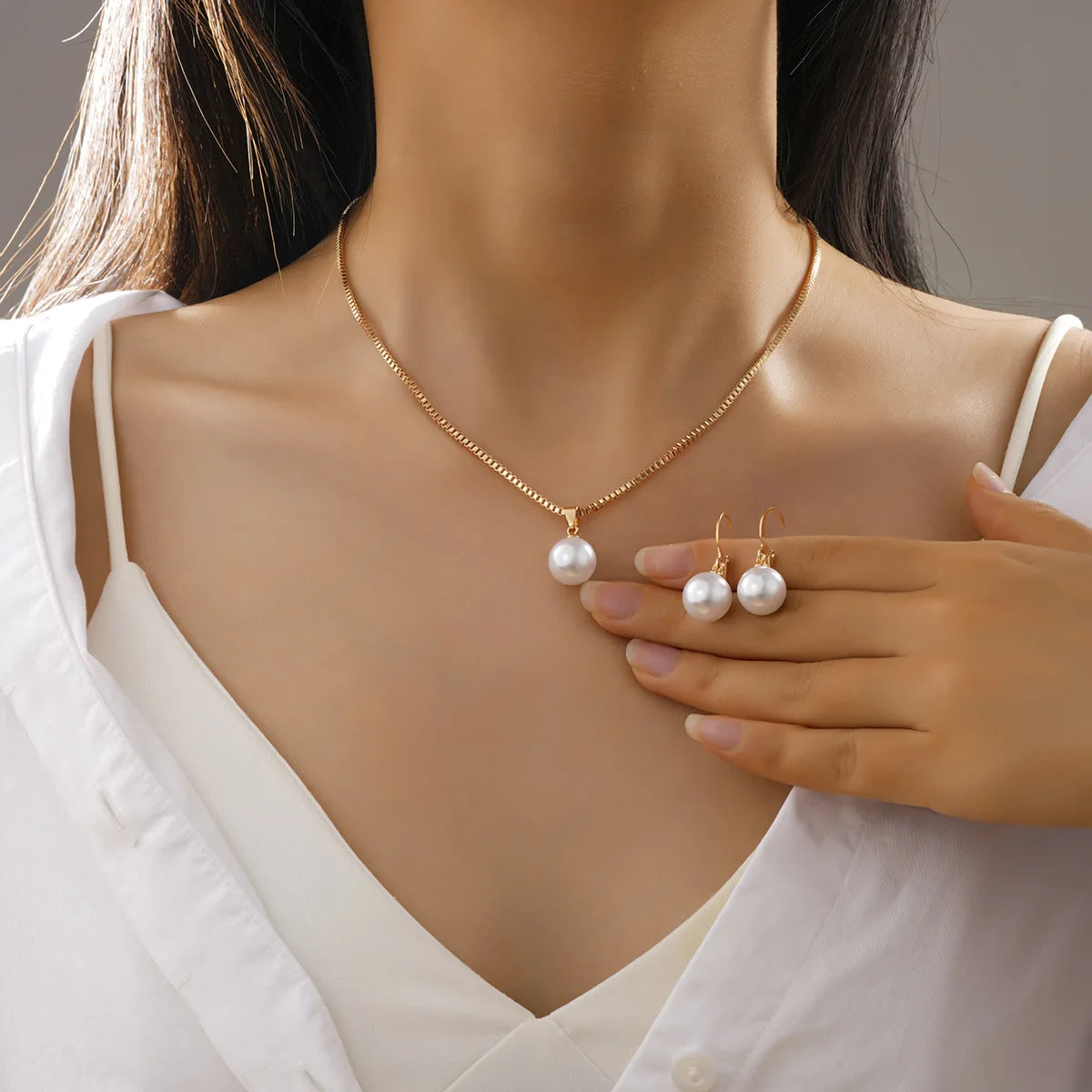 LATS 3 Pcs/Set Round Pearl Pendant Necklace For Women Exquisite Fashion Rhinestone Double  Earring Wedding Jewelry Set Gift