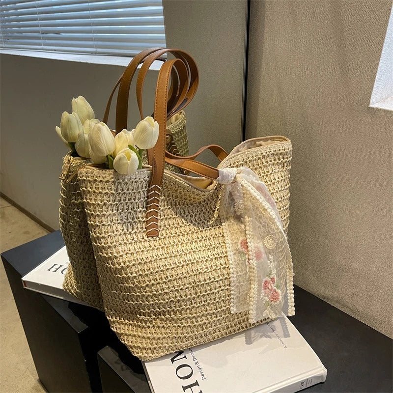 Summer Large Capacity Tote Bag Women Shoulder Bag Handmade Woven Bag Fresh Rural Handheld Grass Woven Women Bag