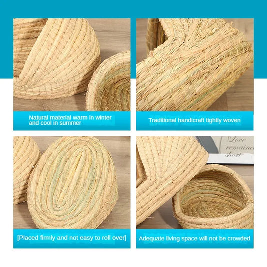 Set of woven straw pet nest slippers, featuring close woven texture