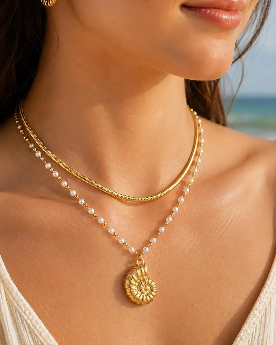 18K Gold Plated Pearl, Shell, Conch, Starfish Summer Beach Necklace for Women, Stainless Steel Waterproof Charm Jewelry