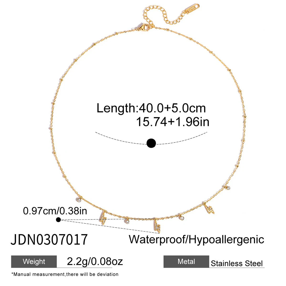 Uworld Simple Classic 18K Gold Color Plated Stainless Steel White Water Rhinestone Lightning Pendant Necklace Stackable Chain Ne