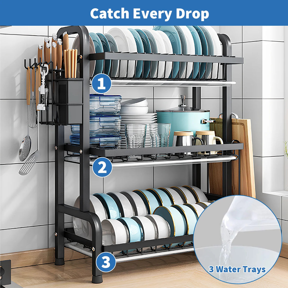 3 Tier Dish Organizer Dish Drying Rack Compact Kitchen Dish Rack Drainboard Set Large Rust-Proof Dish Drainer Kitchen Dish Drain