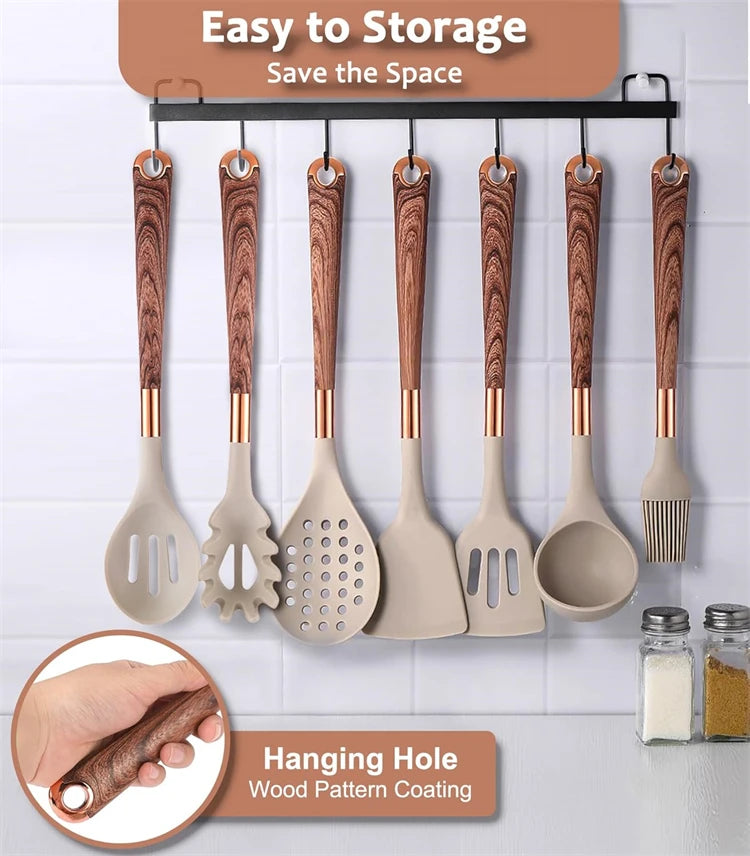 LMETJMA Silicone Kitchen Utensil Set 10 Pcs Cooking Utensil with Utensils Holder Wooden Pattern Handles Nonstick Cookware JT264