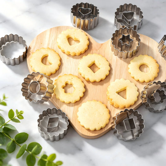Metal cookie cutter set with assorted shapes, showing star, heart, flower, moon molds.