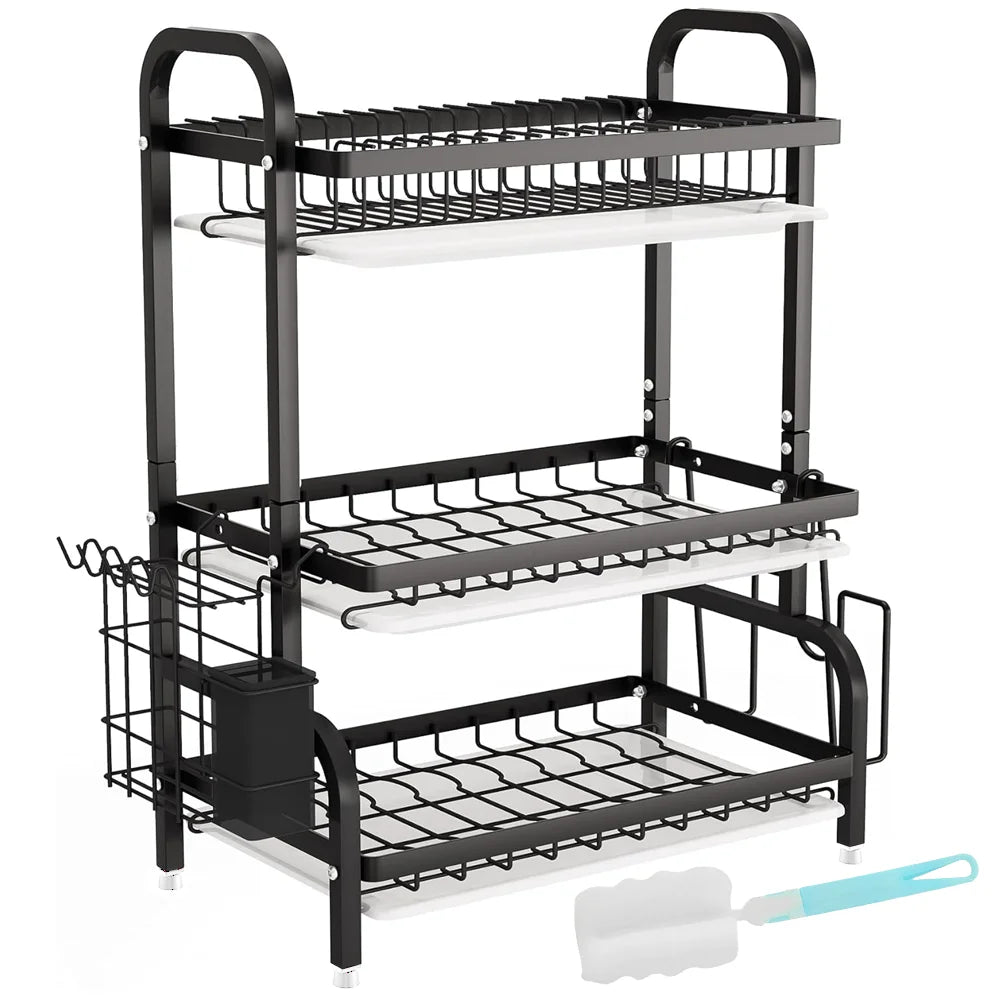 3 Tier Dish Organizer Dish Drying Rack Compact Kitchen Dish Rack Drainboard Set Large Rust-Proof Dish Drainer Kitchen Dish Drain