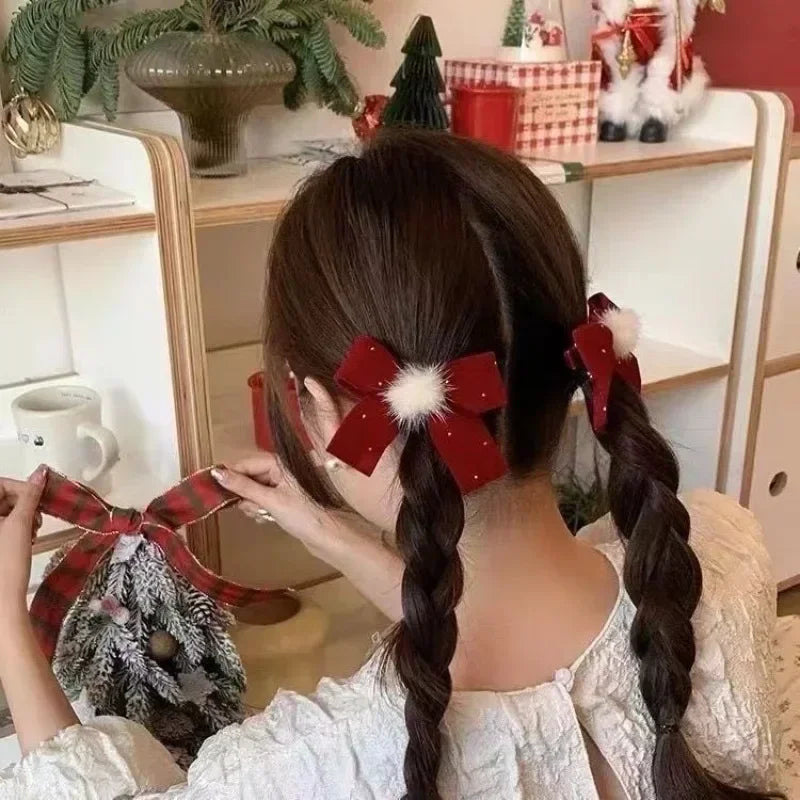1/2Pc Red Velvet Bow Hair Pins Alloy Heart Hair Clips for Kids Girls Pompom Barrettes Ponytail Holder Headwear Accessories