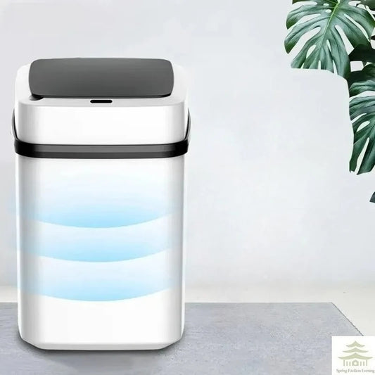White 13L smart trash can with closed black lid and glowing blue indicator inside