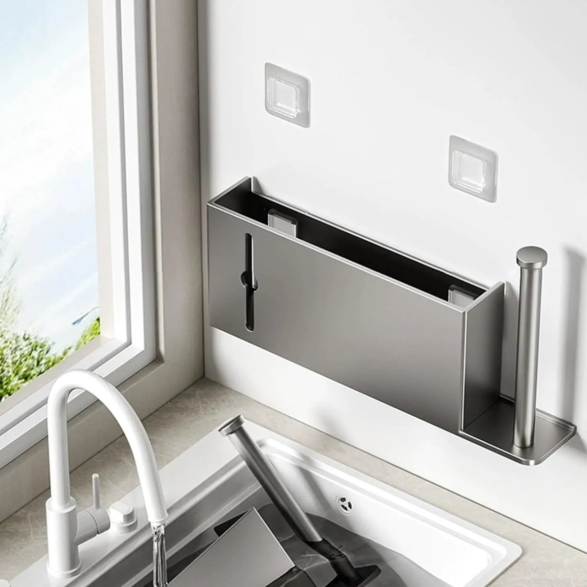 Stainless steel sink-edge tissue roll holder with two posts and open channel compartment