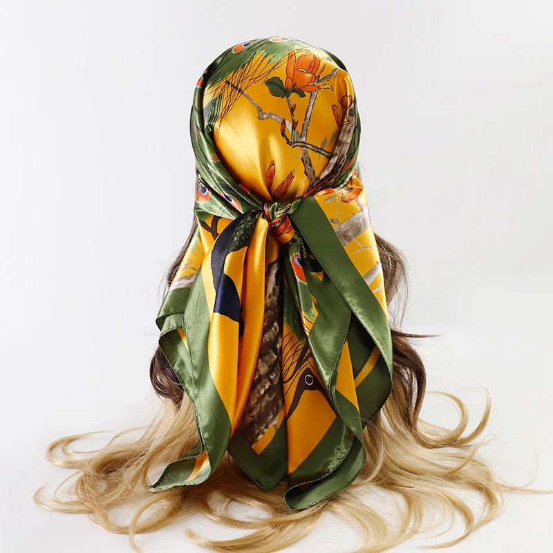 Luxury Brand Silk Satin Square Scarf Women Hijab Bandana Muslim Headscarves Shawl Wrap Ladies Headband Neckerchief Foulard 90cm