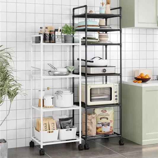 Multi-level kitchen storage cart with white metal frame and rolling wheels, for shelves