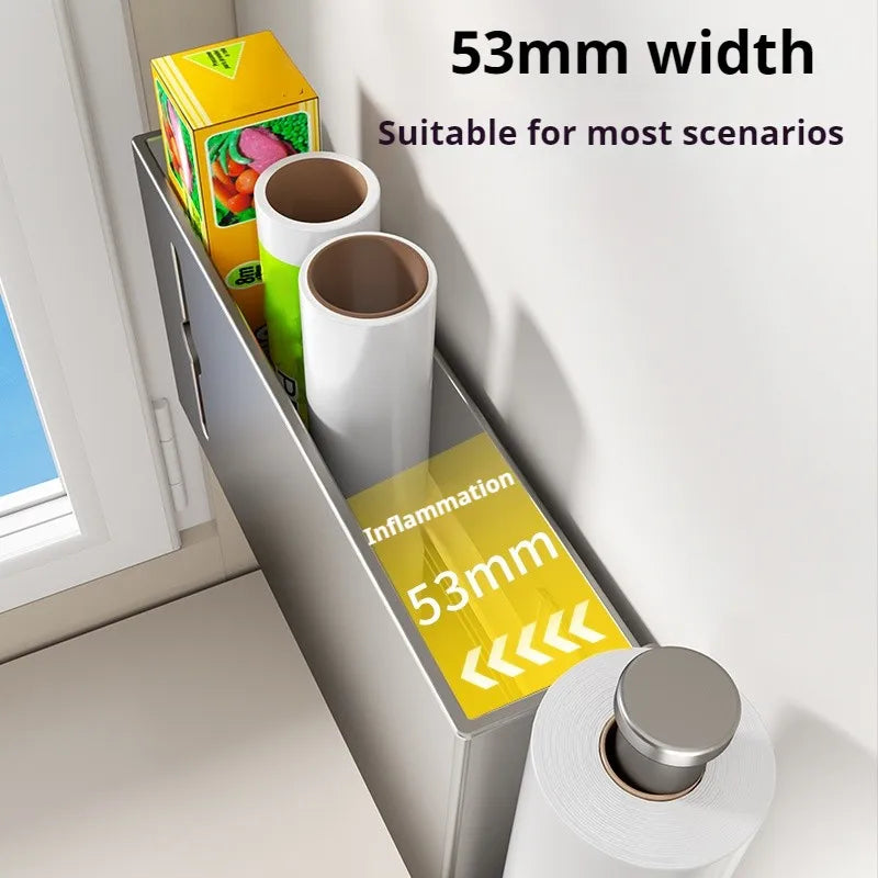 Angled stainless steel tissue roll holder with two roll tubes and open front channel